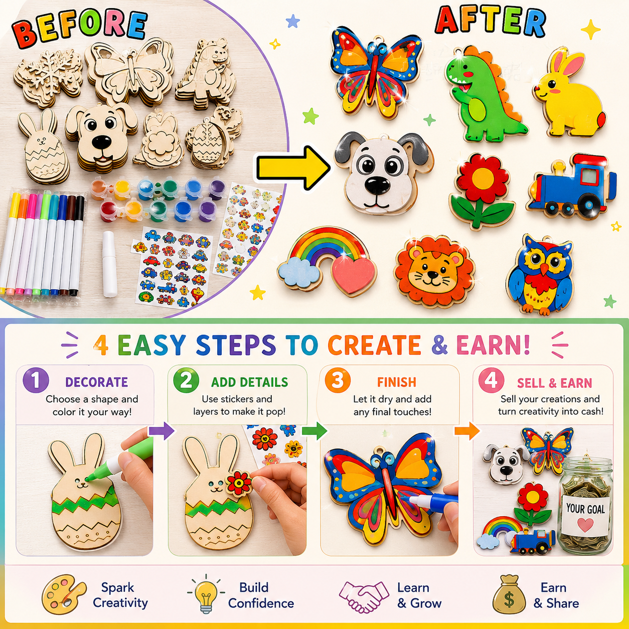 Kids DIY Wooden Magnet Painting Kit – Create, Sell & Earn | Paint Your Own Fridge Magnets Craft Business Starter Set